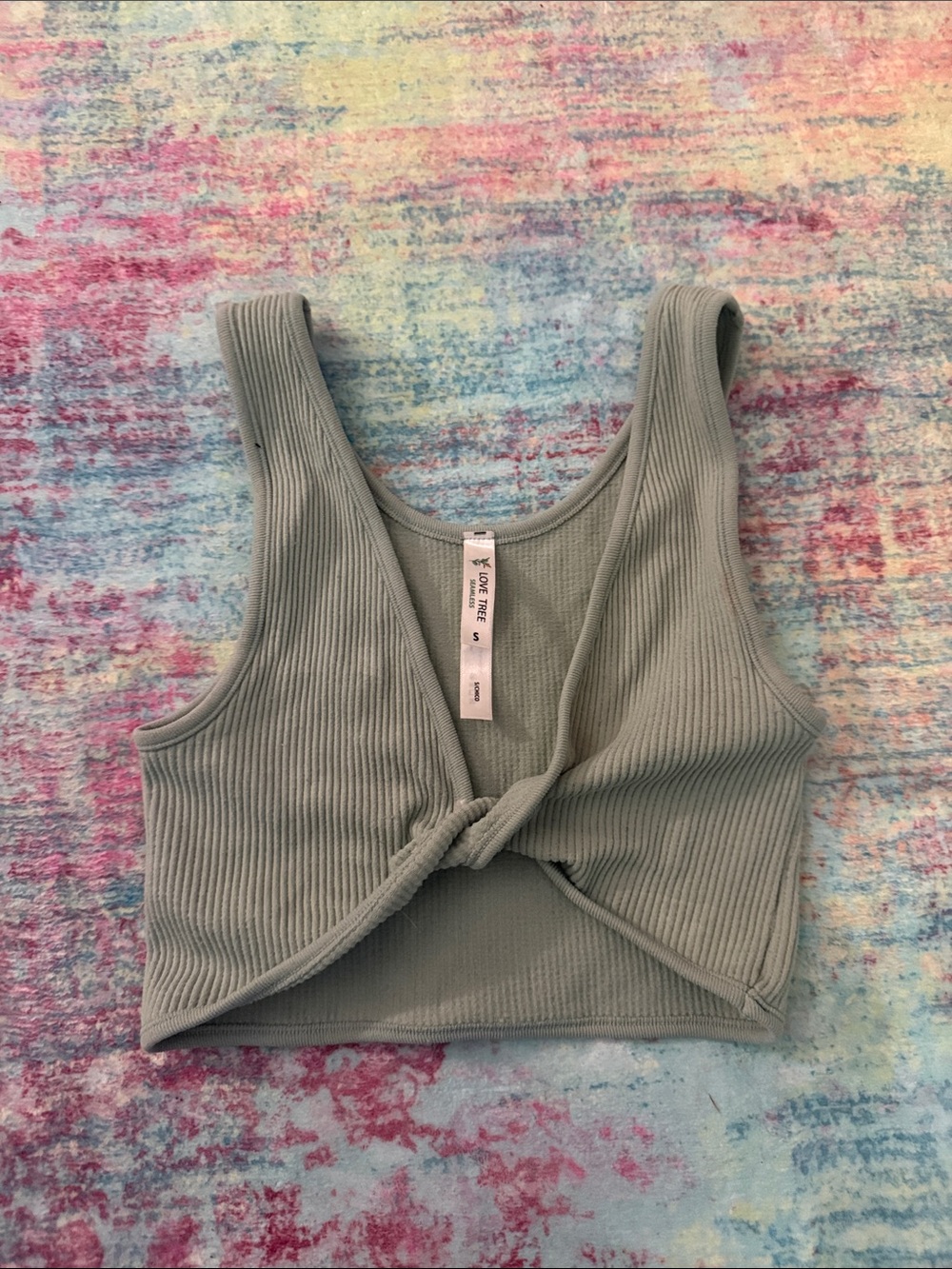 Love Tree Sage Ribbed Knot-Front Crop Tank